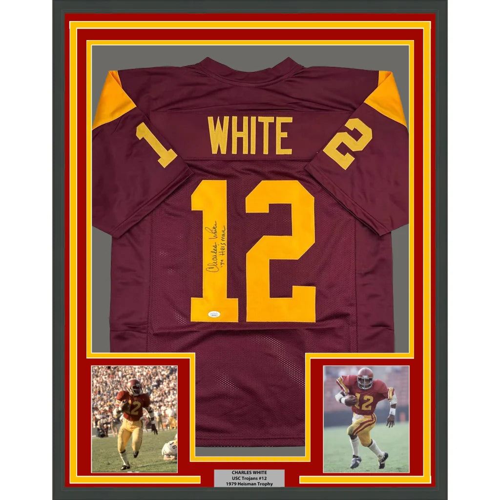 Framed Autographed Charles White 35x39 79 Heisman USC Southern Cal Maroon College Football Jersey JSA COA | Hall of Fame Sports Memorabilia | vintageantiquesgifts.com