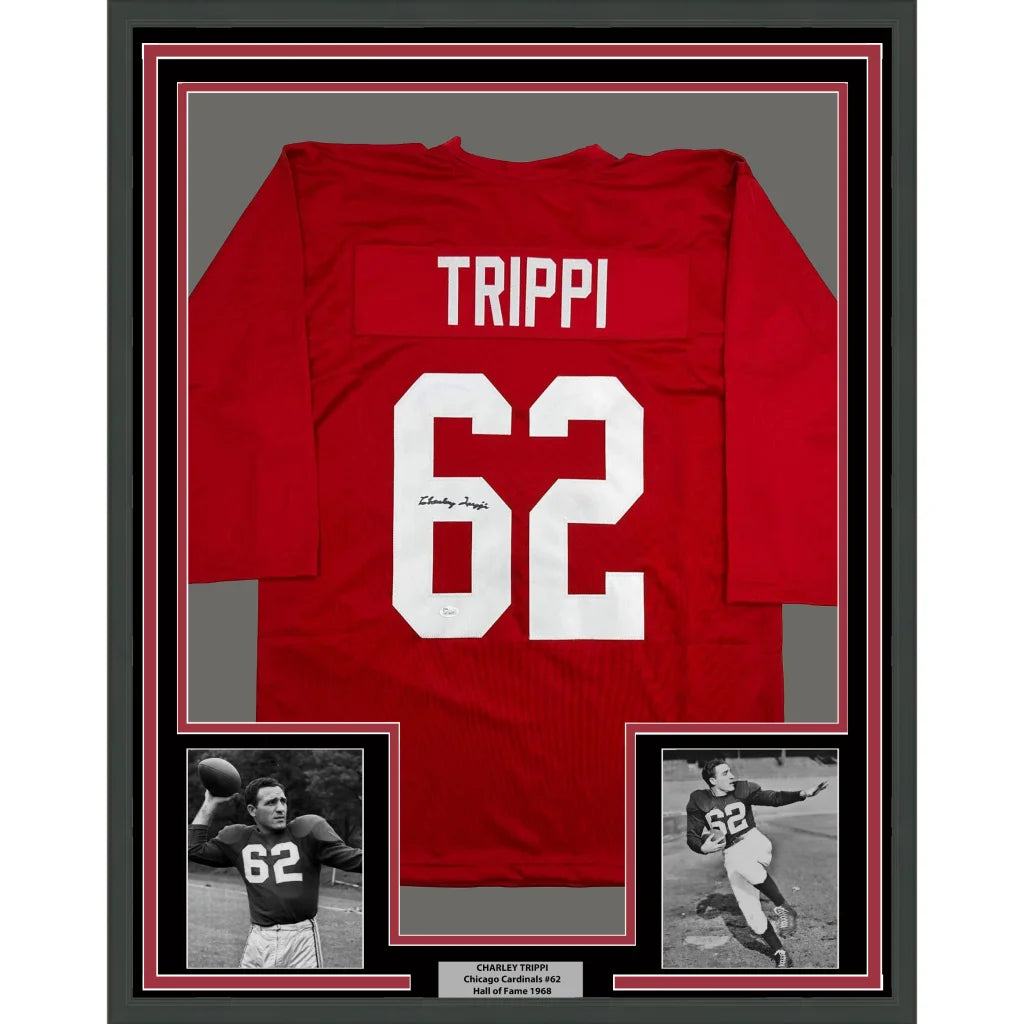 Framed autographed Charley Trippi Arizona red football jersey back with Trippi 62 JSA COA