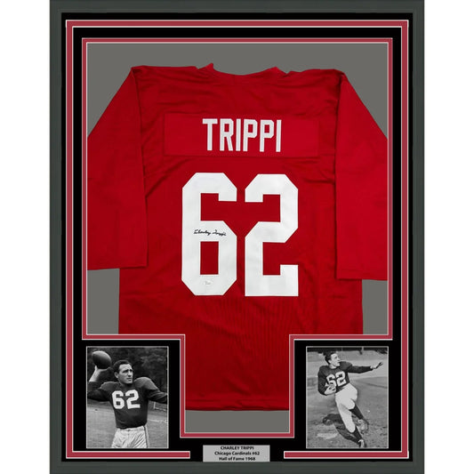 Framed Autographed Charley Trippi 35x39 Arizona Red Football Jersey JSA COA | Hall of Fame Sports Memorabilia | vintageantiquesgifts.com