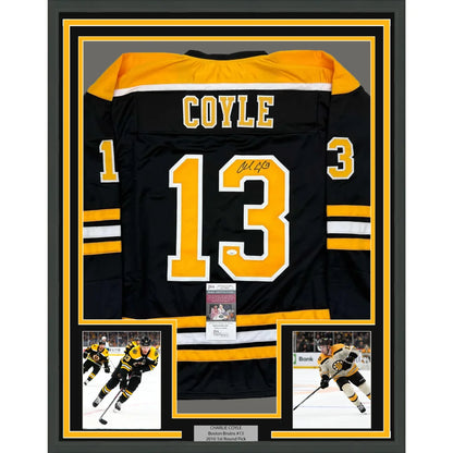 Framed Autographed Charlie Coyle 35x39 Boston Black Hockey Jersey JSA COA | Hall of Fame Sports Memorabilia | vintageantiquesgifts.com