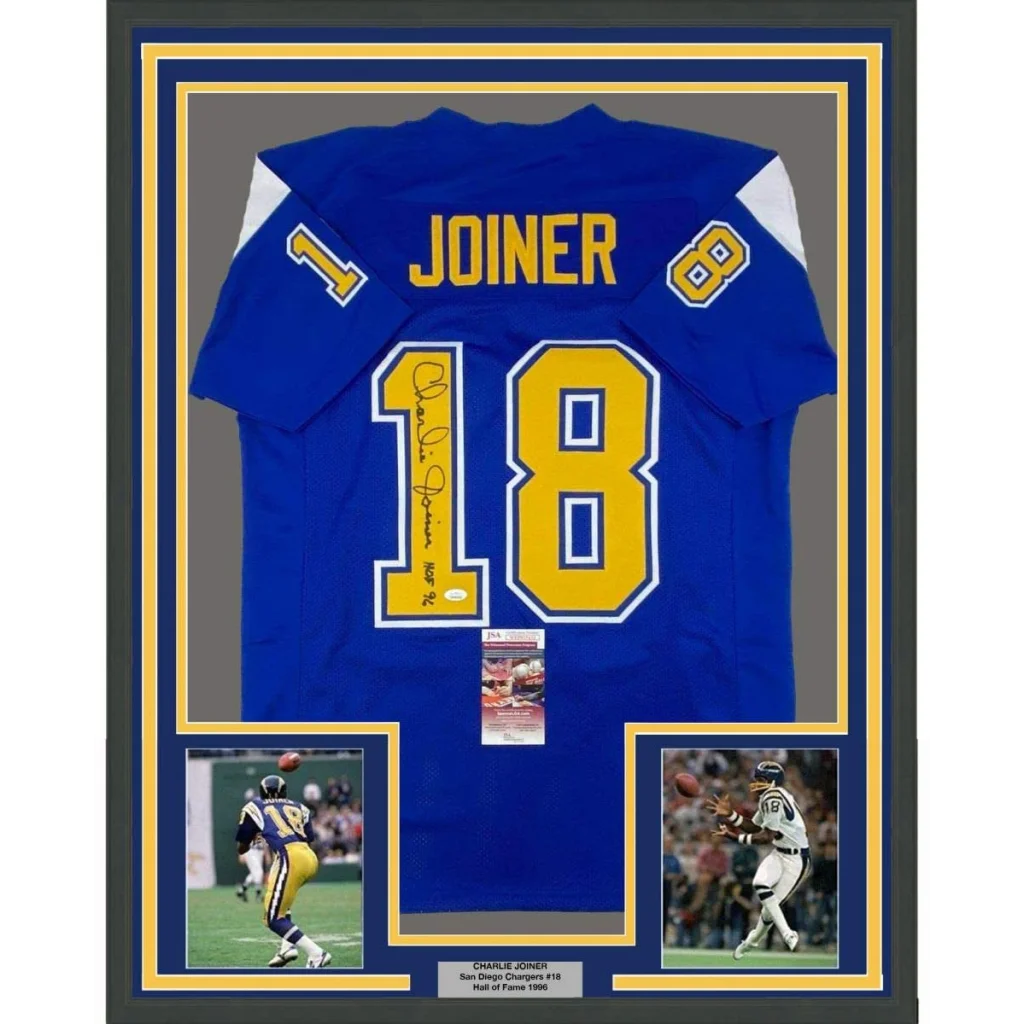 Framed Charlie Joiner HOF signed jersey with photos and plaque for your man cave