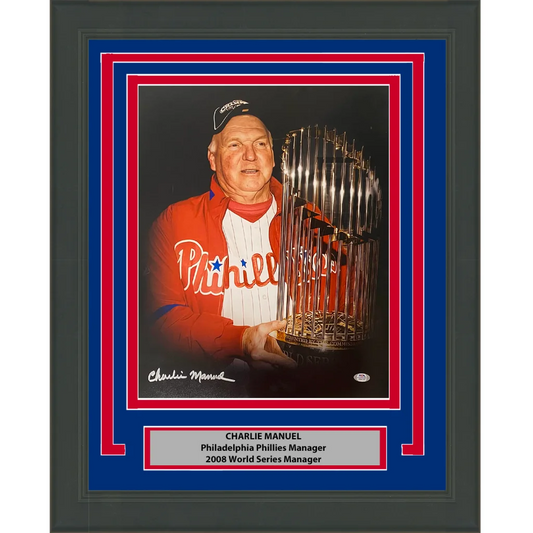 Framed autographed Charlie Manuel 2008 World Series Phillies photo