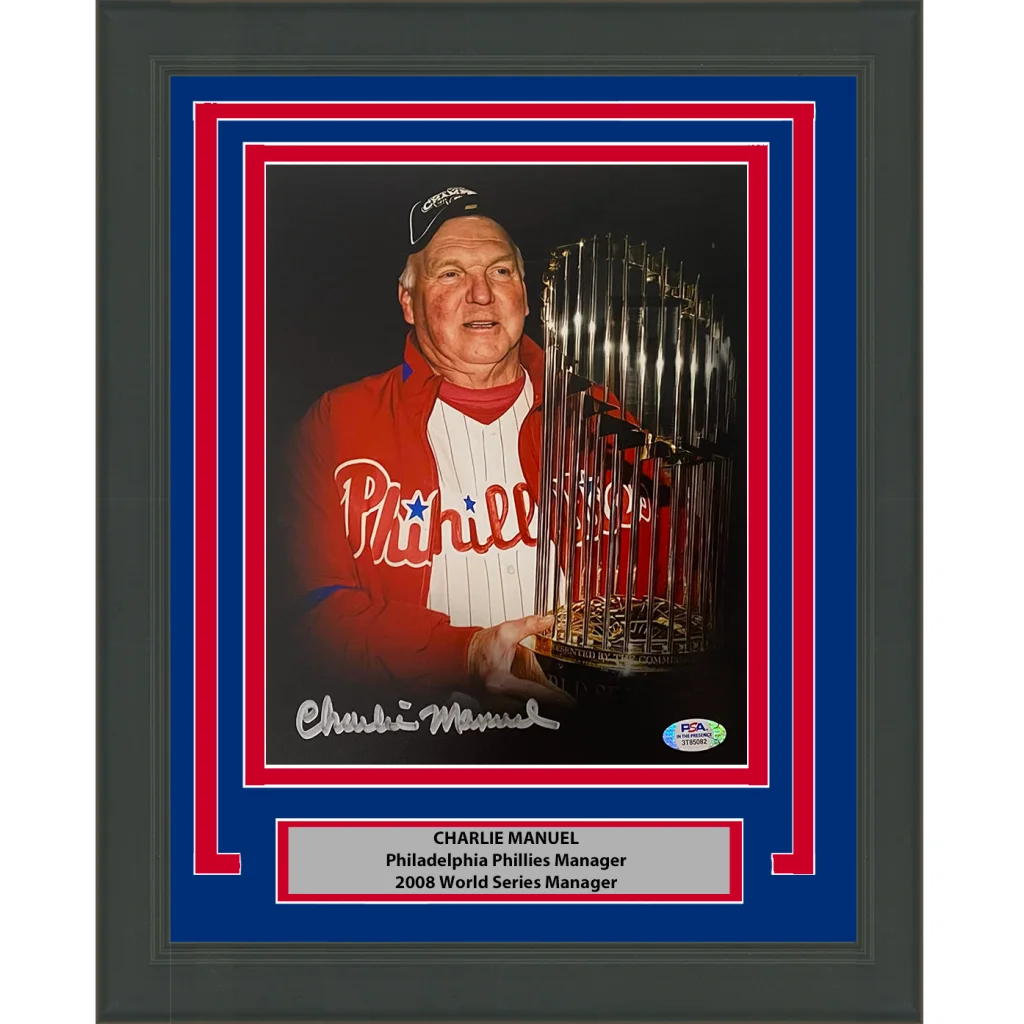 Framed signed Charlie Manuel 2008 World Series Phillies photo with trophy