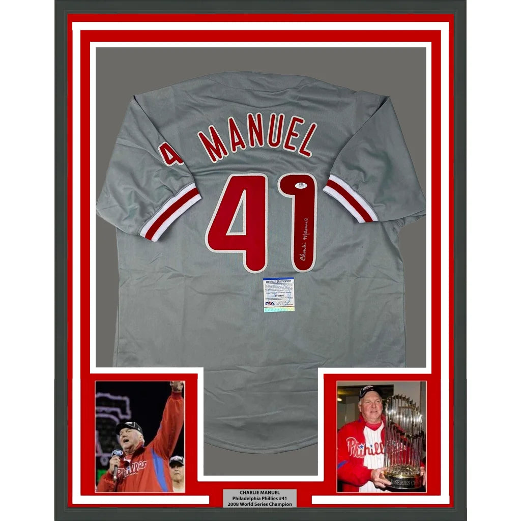 Framed autographed gray Phillies jersey #41, Charlie Manuel, PSA/DNA COA