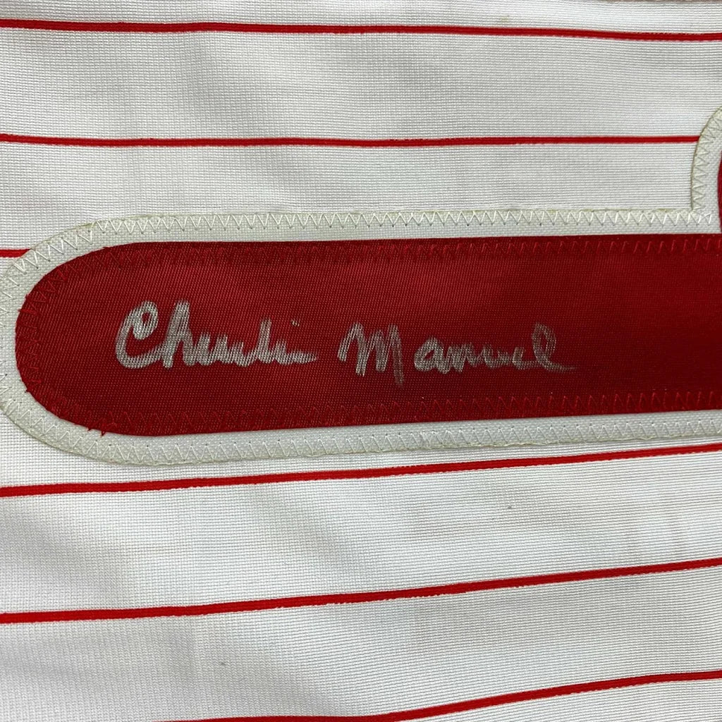 Framed Autographed Charlie Manuel 35x39 Philadelphia Pinstripe Baseball Jersey PSA/DNA COA | Certified Authentic Signed Memorabilia | vintageantiquesgifts.com