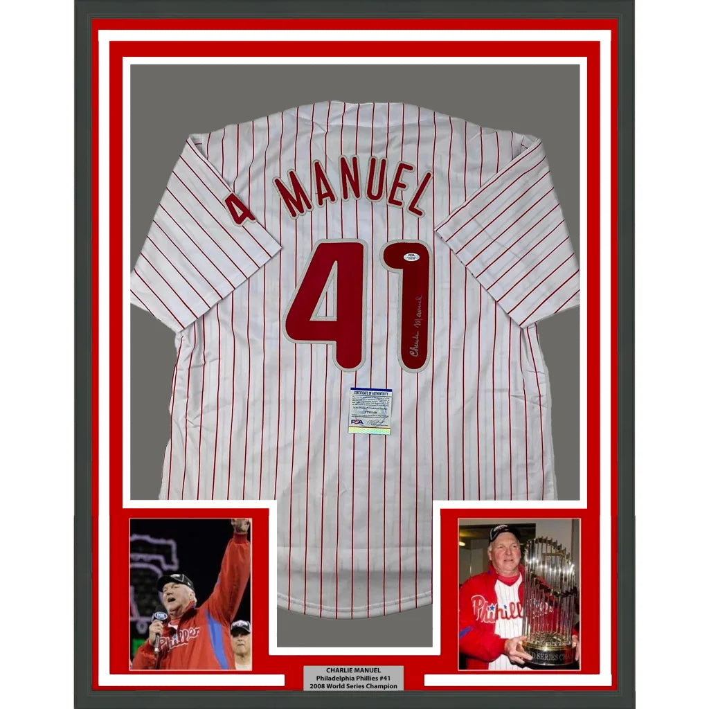 Framed Autographed Charlie Manuel 35x39 Philadelphia Pinstripe Baseball Jersey PSA/DNA COA | Hall of Fame Sports Memorabilia | vintageantiquesgifts.com