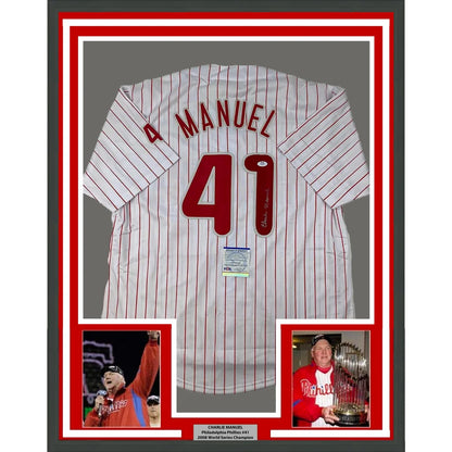 Framed Autographed Charlie Manuel 35x39 Philadelphia Pinstripe Baseball Jersey PSA/DNA COA | Hall of Fame Sports Memorabilia | vintageantiquesgifts.com