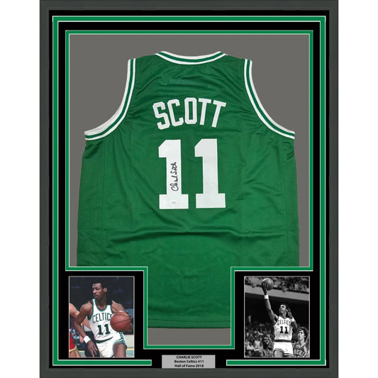 Framed Autographed Charlie Scott 35x39 Boston Green Basketball Jersey JSA COA | Hall of Fame Sports Memorabilia | vintageantiquesgifts.com