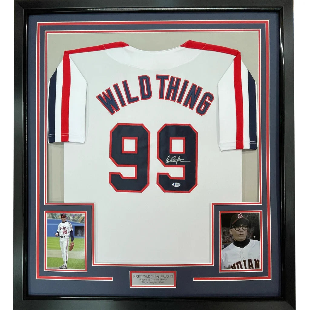 Framed Autographed Charlie Sheen 35x39 Wild Thing Ricky Vaughn Major League Movie Baseball Jersey JSA COA | Hall of Fame Sports Memorabilia | vintageantiquesgifts.com
