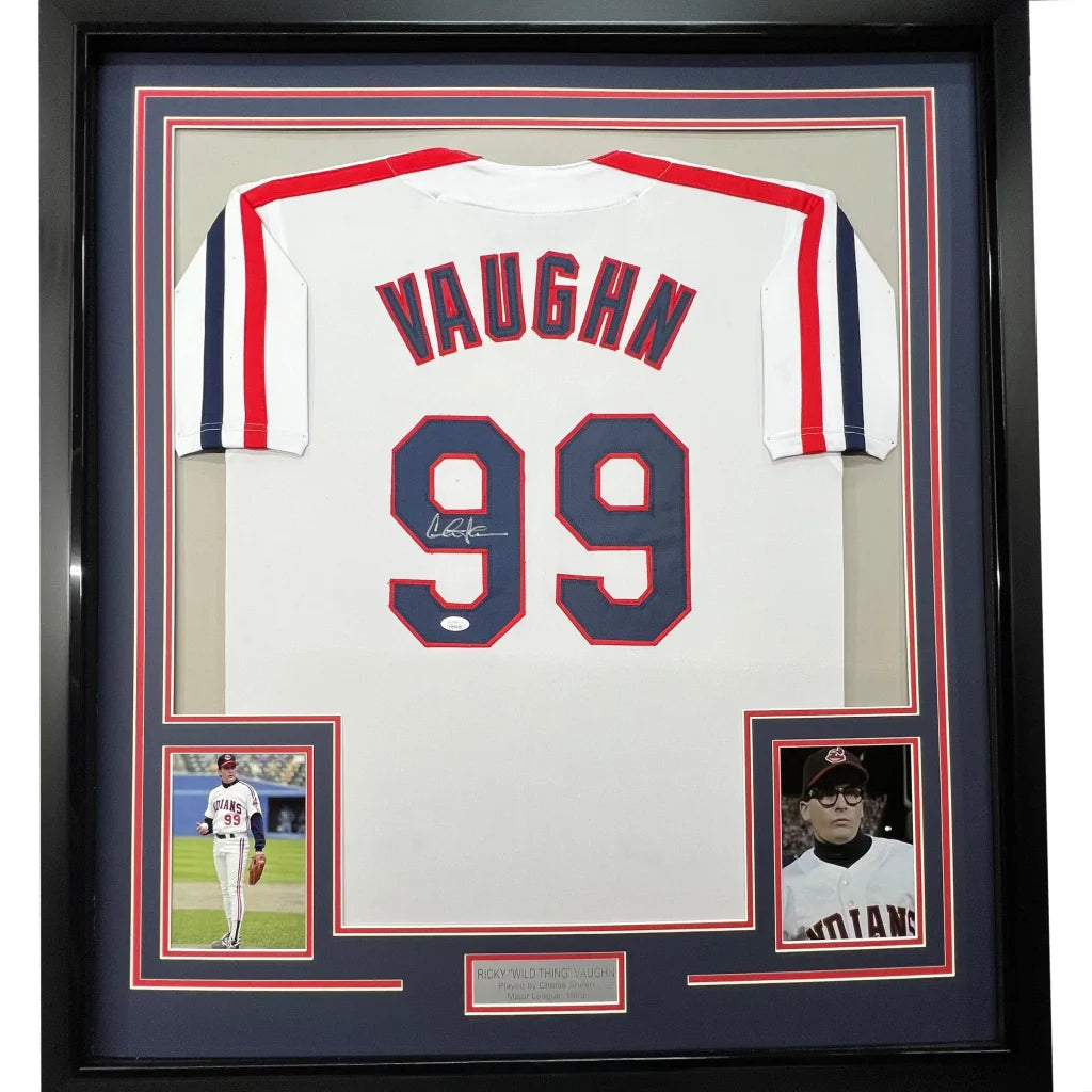 Framed Autographed Charlie Sheen 35x39 Wild Thing Ricky Vaughn Major League Movie Baseball Jersey JSA COA | Hall of Fame Sports Memorabilia | vintageantiquesgifts.com