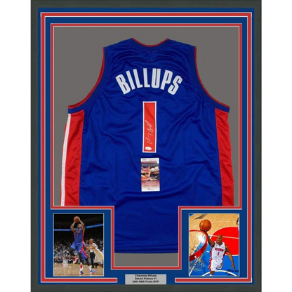 Framed autographed Chauncey Billups Detroit Pistons blue jersey with Billups 1