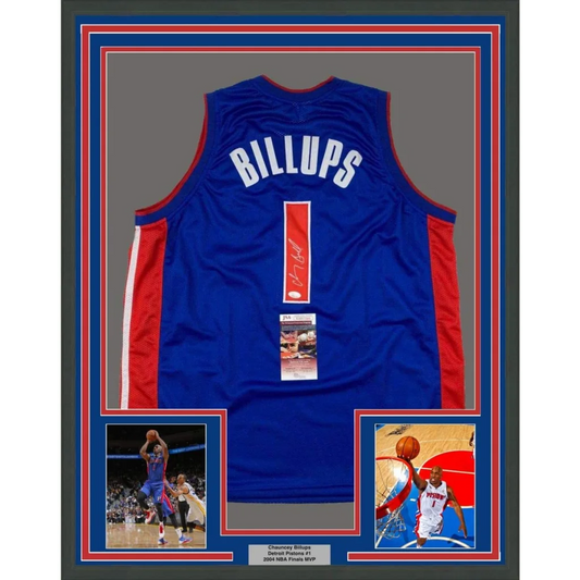 Framed autographed Chauncey Billups Detroit Pistons blue jersey with Billups 1