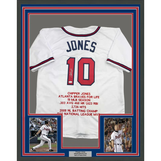 Framed Autographed Chipper Jones 35x39 Atlanta White Stat Baseball Jersey JSA COA | Hall of Fame Sports Memorabilia | vintageantiquesgifts.com