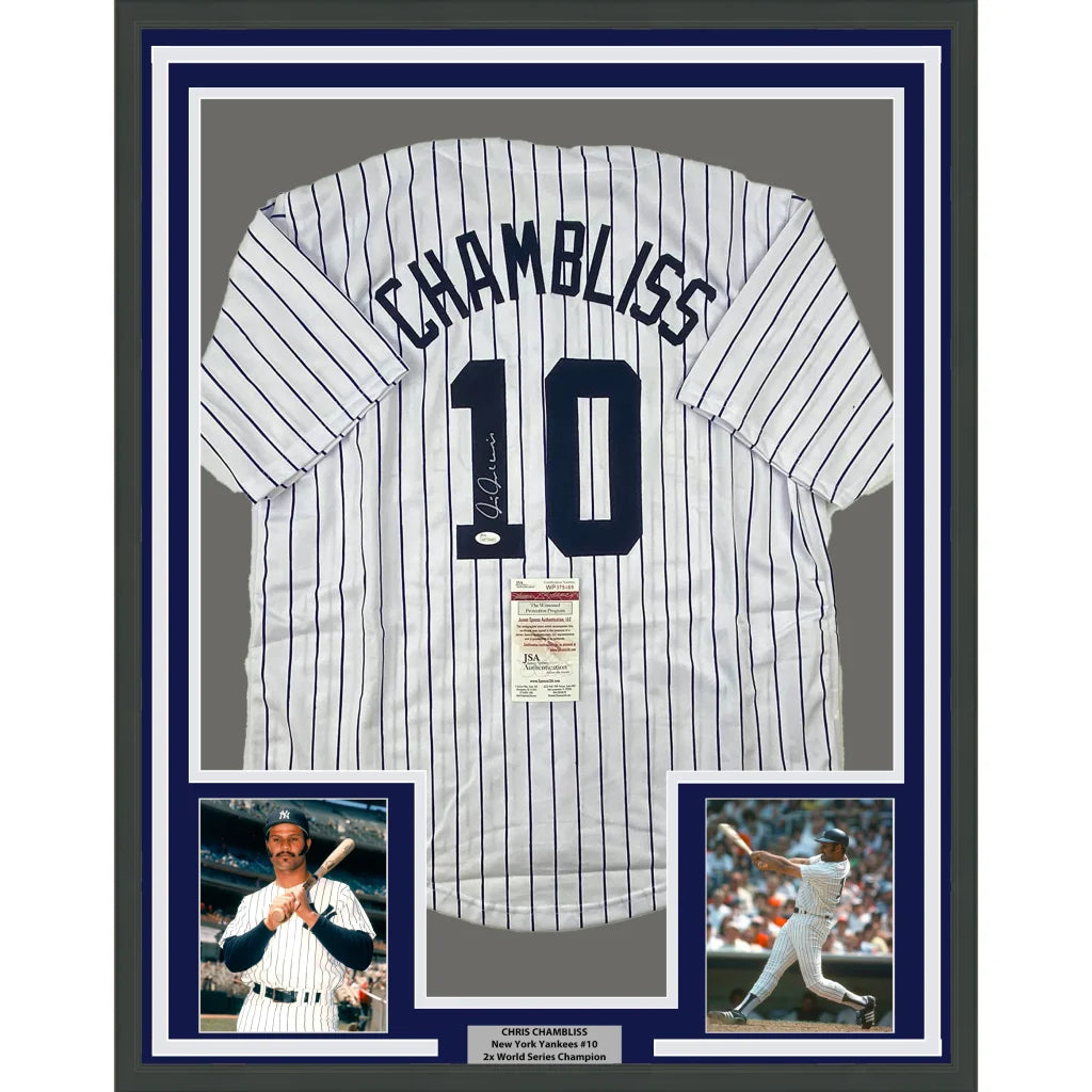 Framed autographed Chris Chambliss New York pinstripe jersey with JSA COA