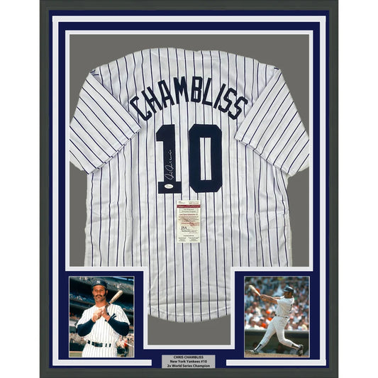Framed Autographed Chris Chambliss 35x39 New York Pinstripe Baseball Jersey JSA COA | Hall of Fame Sports Memorabilia | vintageantiquesgifts.com