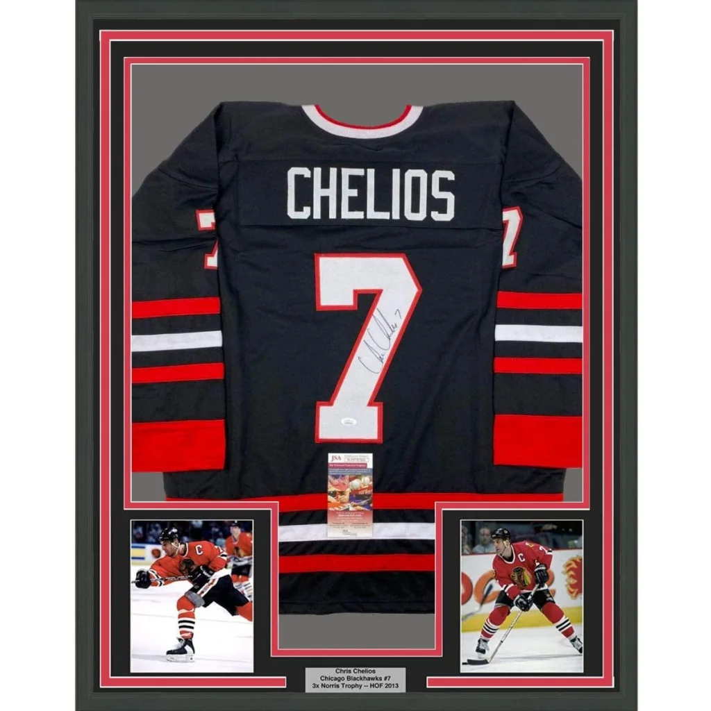 Framed autographed Chris Chelios Chicago Blackhawks jersey with Chelios 7