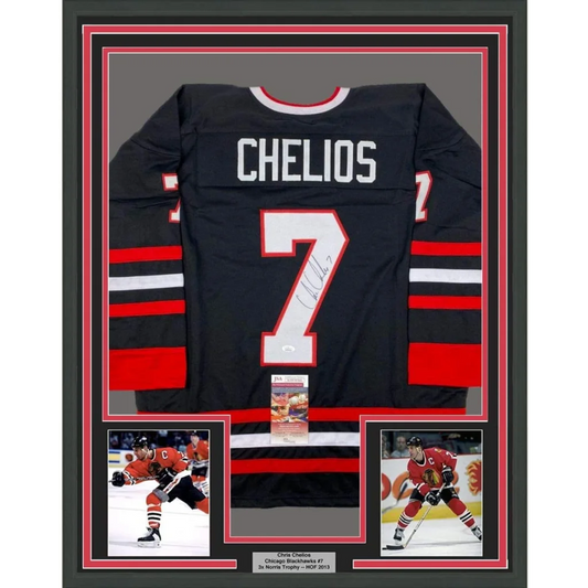 Framed Autographed Chris Chelios 35x39 Chicago Black Hockey Jersey JSA COA | Hall of Fame Sports Memorabilia | vintageantiquesgifts.com