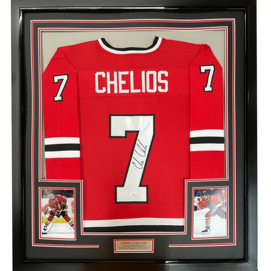 Framed Chris Chelios autographed hockey jersey with commemorative photos for display