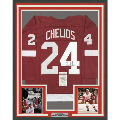 Framed autographed red detroit red wings hockey jersey with white chelios 24 on the back and jsa coa