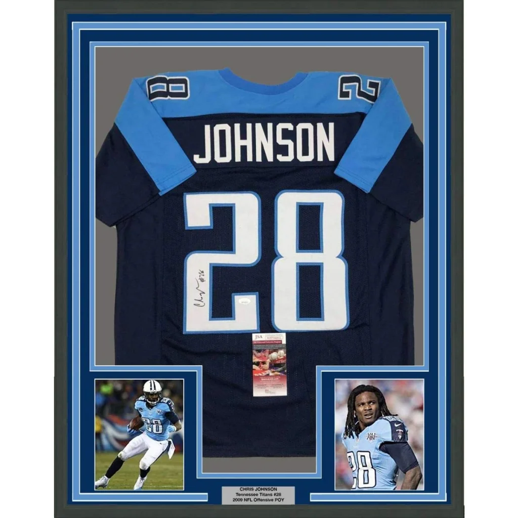 Framed Chris Johnson Titans jersey with photos and certification hologram for your man cave