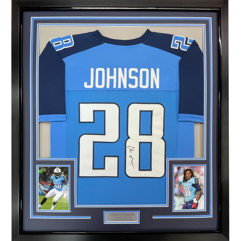 Framed autographed Chris Johnson Tennessee Titans powder blue jersey, JSA COA