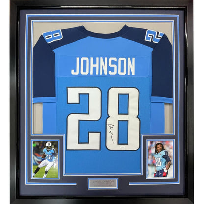 Framed autographed Chris Johnson Tennessee Titans powder blue jersey, JSA COA