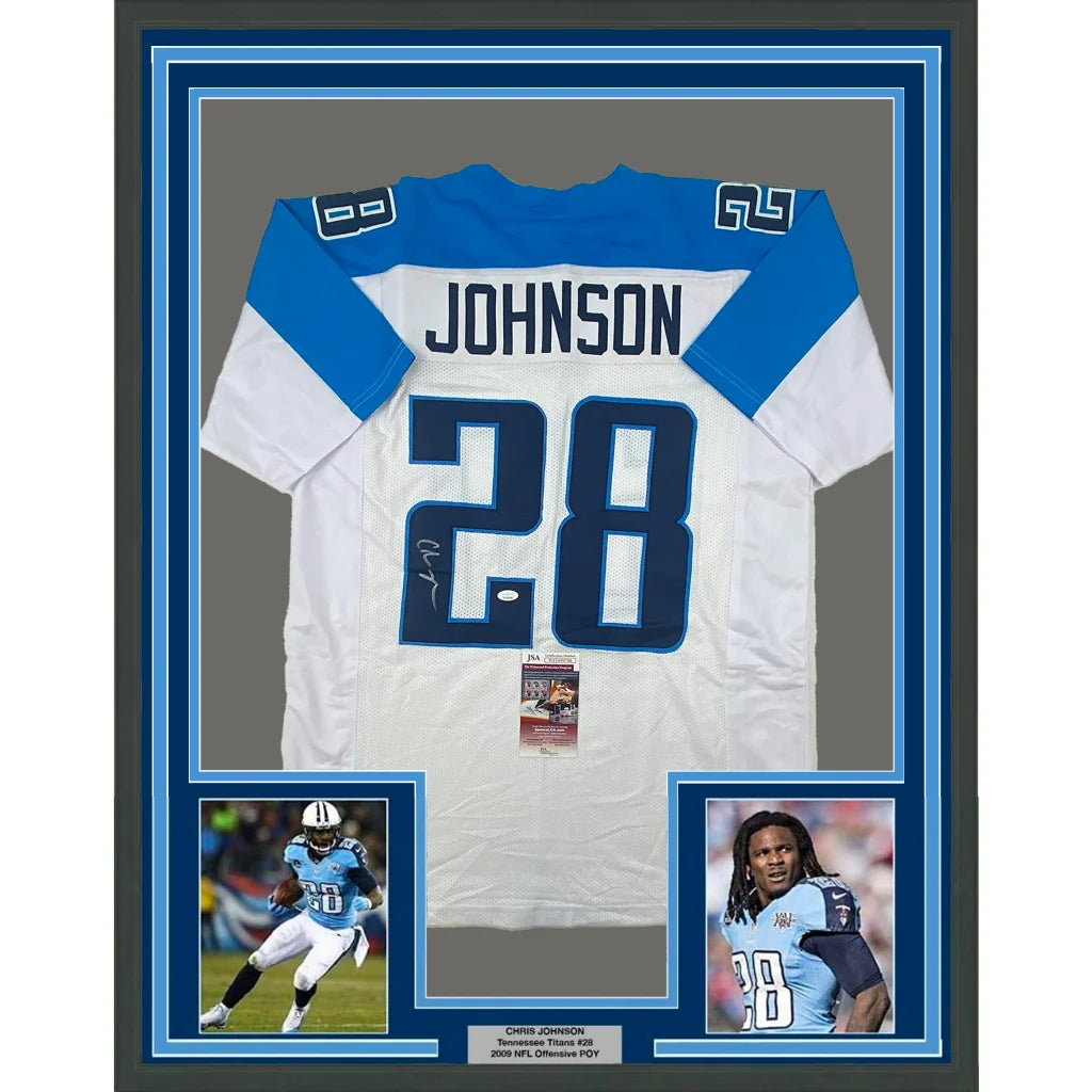 Autographed Chris Johnson Tennessee Titans jersey with photos and plaque for display