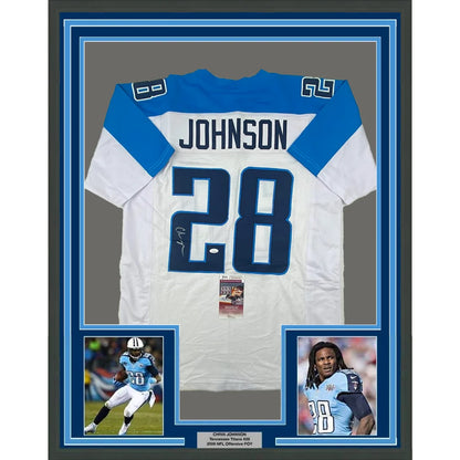 Autographed Chris Johnson Tennessee Titans jersey with photos and plaque for display