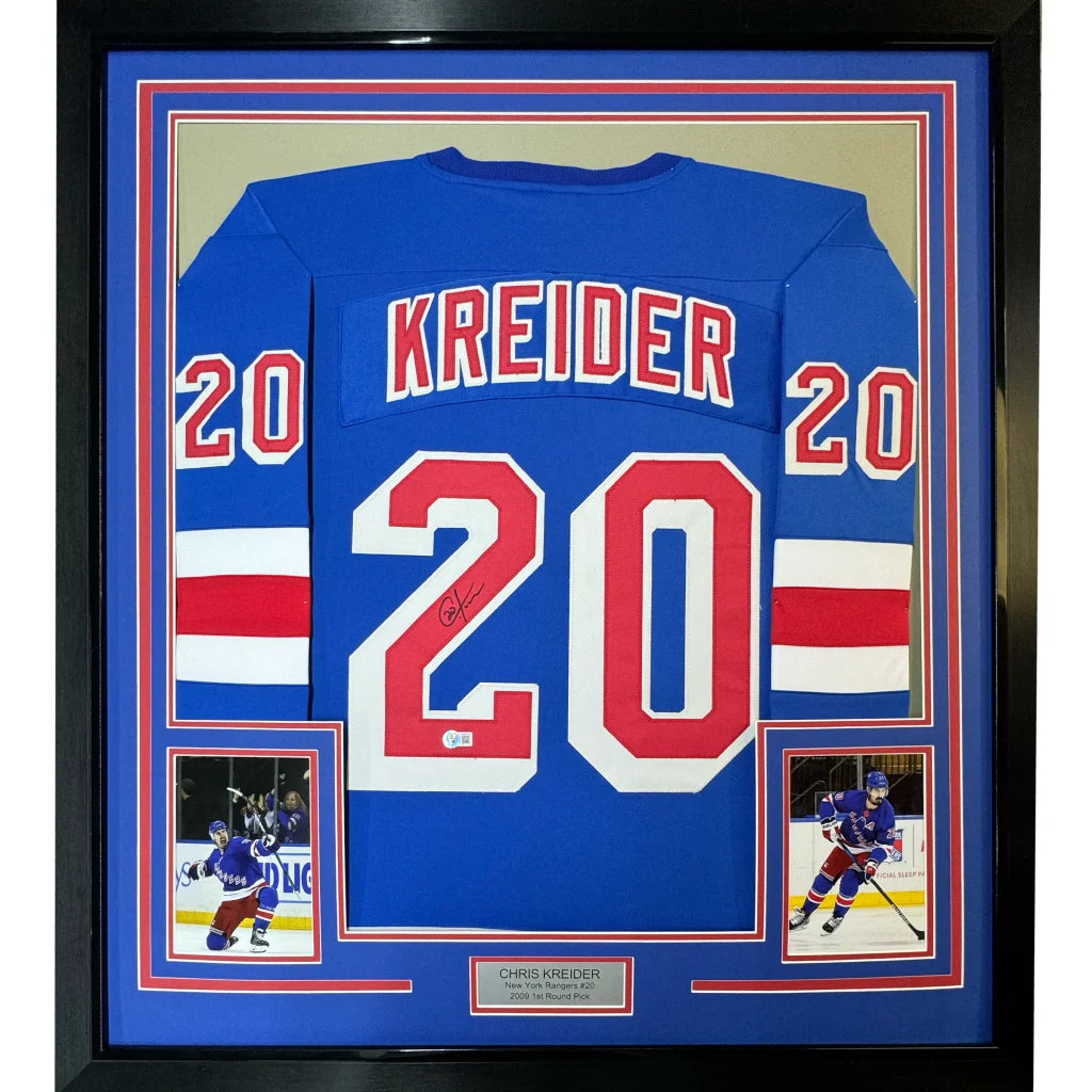Autographed Chris Kreider New York Rangers jersey with player cards in a frame