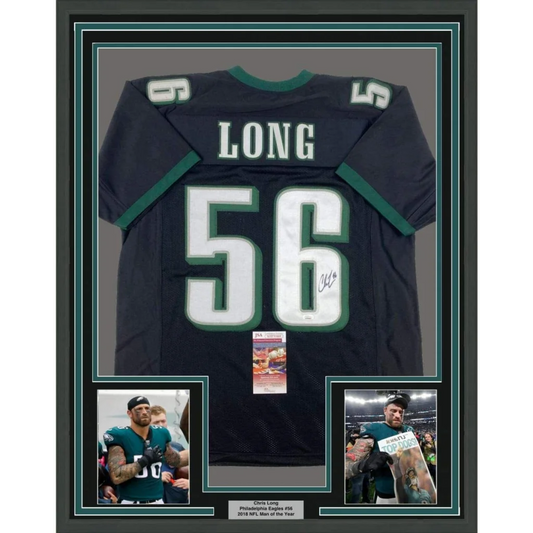 Framed Autographed Chris Long 35x39 Philadelphia Black Football Jersey JSA COA | Hall of Fame Sports Memorabilia | vintageantiquesgifts.com