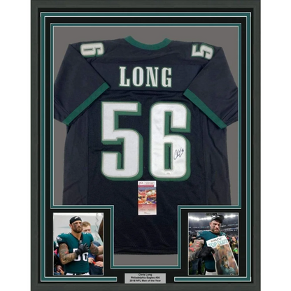 Framed autographed Chris Long Eagles Jersey with commemorative photos, perfect for your man cave