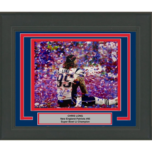 Framed Autographed Chris Long New England Patriots Super Bowl LI 51 Champions 16x20 Football Photo JSA COA | Hall of Fame Sports Memorabilia | vintageantiquesgifts.com