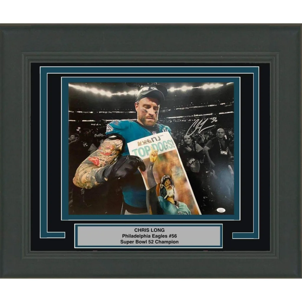 Framed Autographed Chris Long Philadelphia Eagles Super Bowl LII 52 Champions 16x20 Football Photo JSA COA | Hall of Fame Sports Memorabilia | vintageantiquesgifts.com