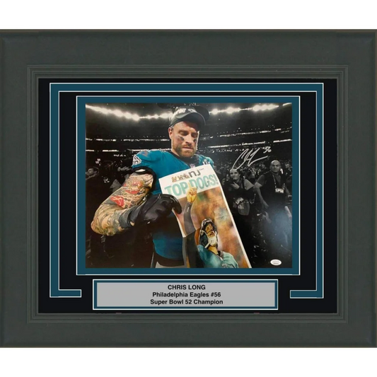Framed Autographed Chris Long Philadelphia Eagles Super Bowl LII 52 Champions 16x20 Football Photo JSA COA | Hall of Fame Sports Memorabilia | vintageantiquesgifts.com