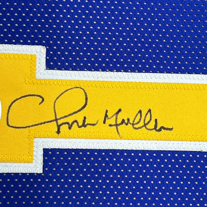 Autographed blue and gold Chris Mullin Golden State Warriors jersey with photos