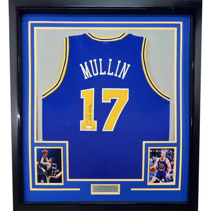 Autographed Chris Mullin Golden State Warriors jersey framed with photos for display