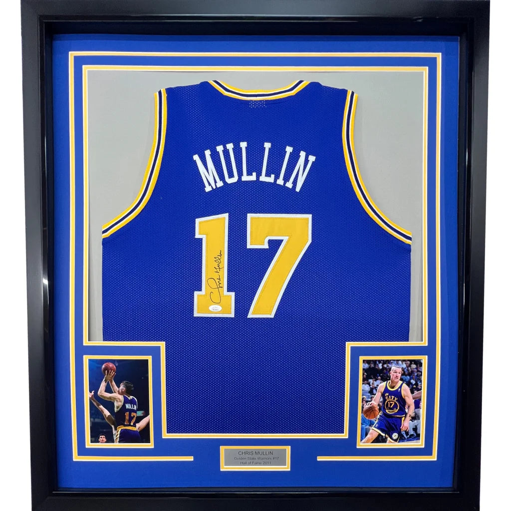 Framed Autographed Chris Mullin 35x39 Golden State Blue Basketball Jersey JSA COA | Hall of Fame Sports Memorabilia | vintageantiquesgifts.com