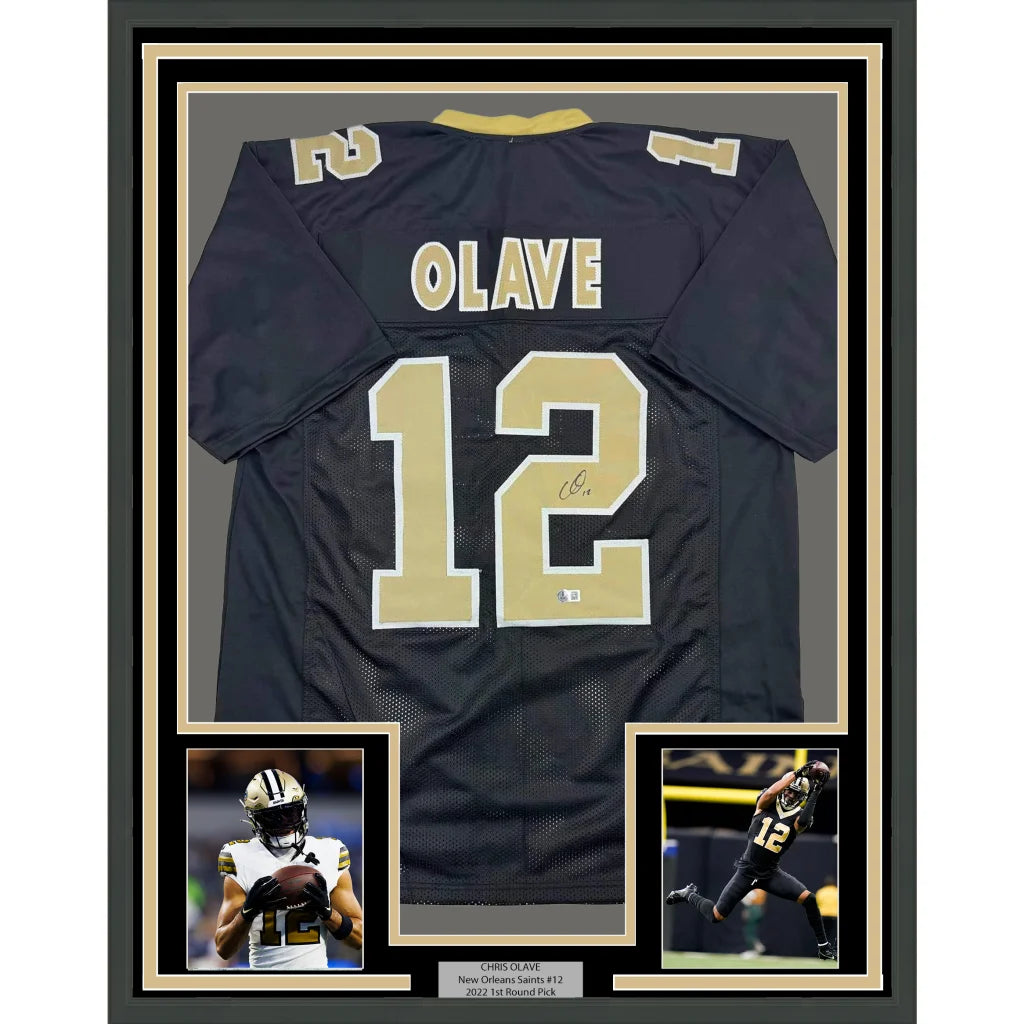 Framed Autographed Chris Olave 35x39 New Orleans Black Football Jersey Beckett BAS COA | Hall of Fame Sports Memorabilia | vintageantiquesgifts.com