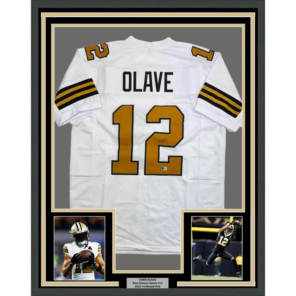 Framed autographed Chris Olave white New Orleans Saints Color Rush jersey back, number 12