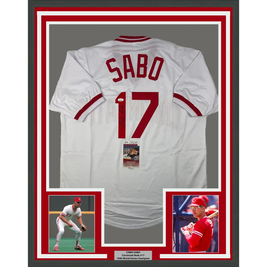 Framed Autographed Chris Sabo 35x39 Cincinnati White Baseball Jersey JSA COA | Hall of Fame Sports Memorabilia | vintageantiquesgifts.com