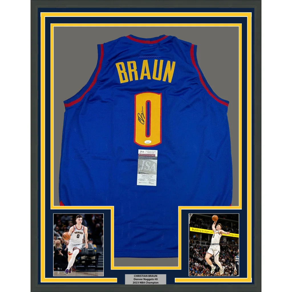 Back of a framed autographed denver nuggets royal blue basketball jersey with yellow red trim featuring braun 0