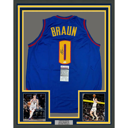 Back of a framed autographed denver nuggets royal blue basketball jersey with yellow red trim featuring braun 0