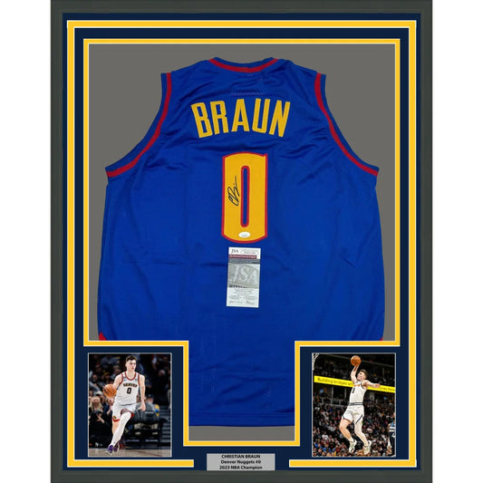 Back of a framed autographed denver nuggets royal blue basketball jersey with yellow red trim featuring braun 0