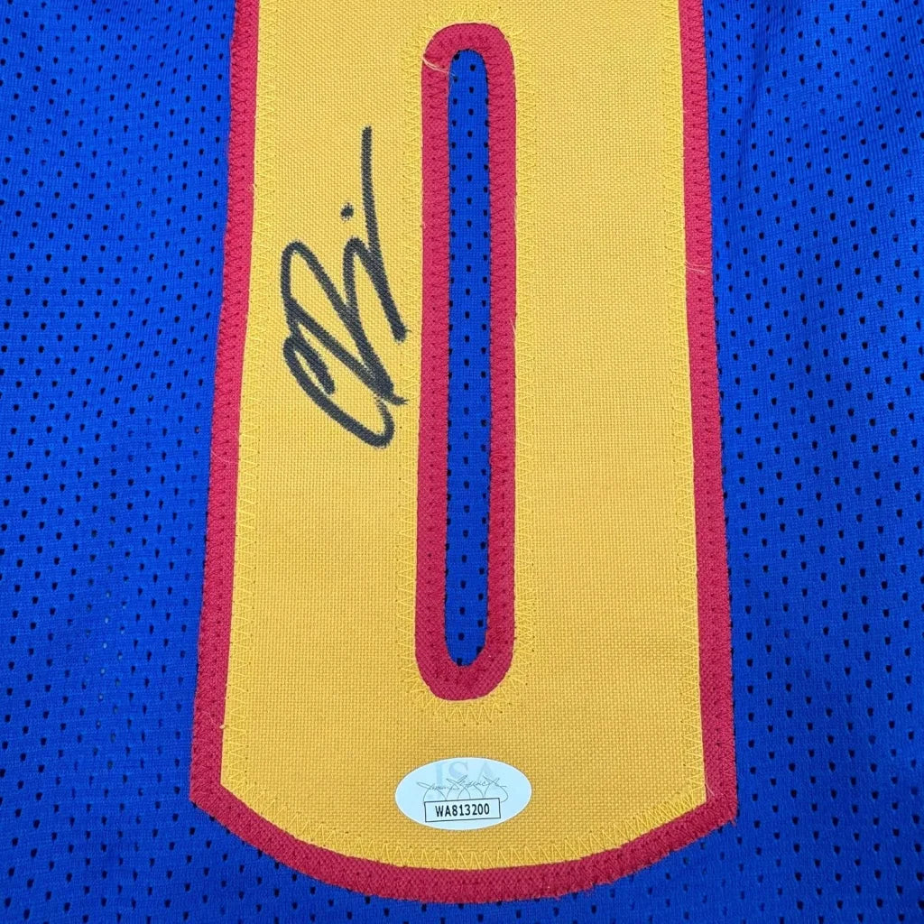 Framed autographed Christian Braun blue and yellow basketball jersey with red trim featuring signature on number zero patch