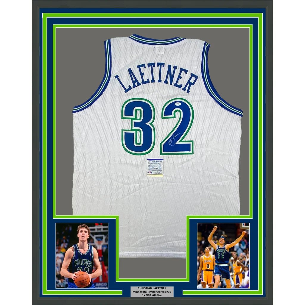 Framed Christian Laettner Signed Timberwolves Jersey with signatures and player photos