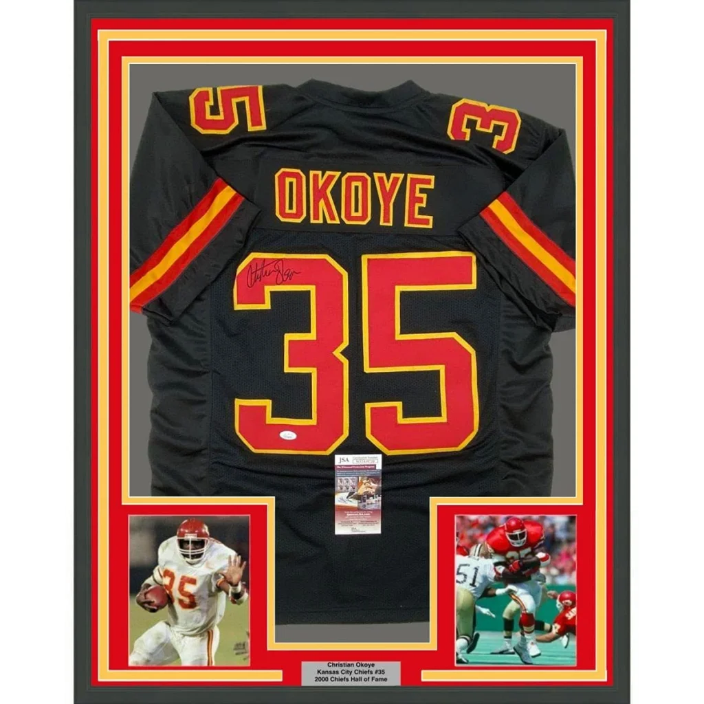Framed Christian Okoye Kansas City Chiefs autographed jersey with photos and Hall of Fame plaque