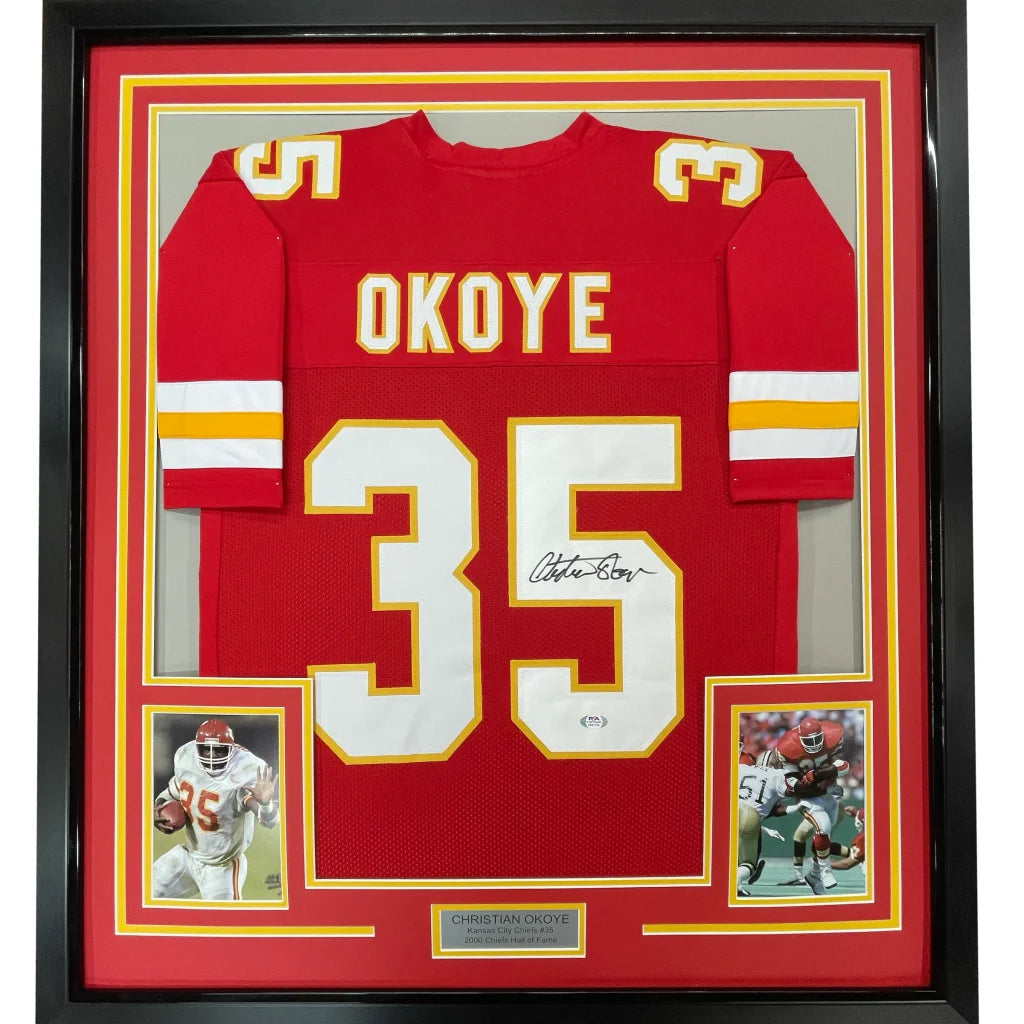 Framed autographed red Kansas City Chiefs jersey number 35 by Christian Okoye with JSA COA