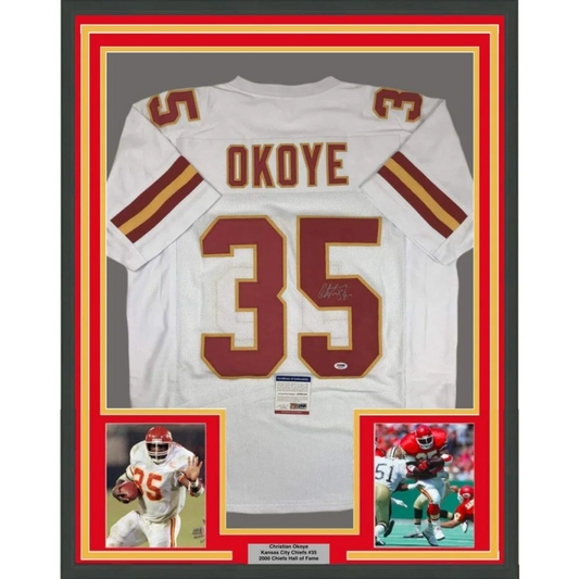 Framed autographed Christian Okoye white Kansas City Chiefs jersey