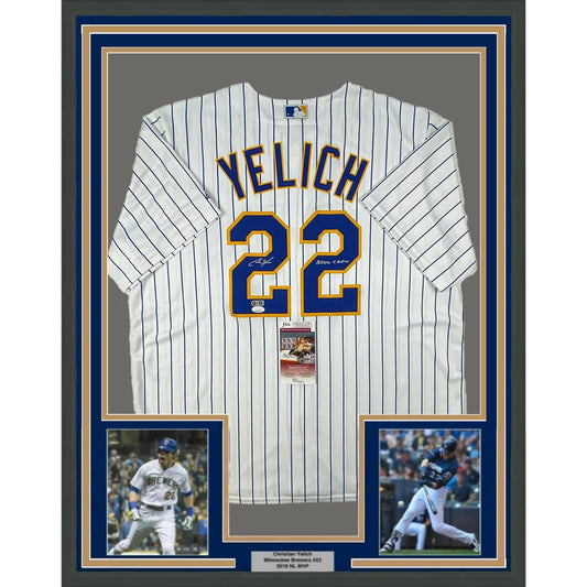 Professionally framed Christian Yelich Milwaukee Brewers pinstripe jersey with photos and plaque
