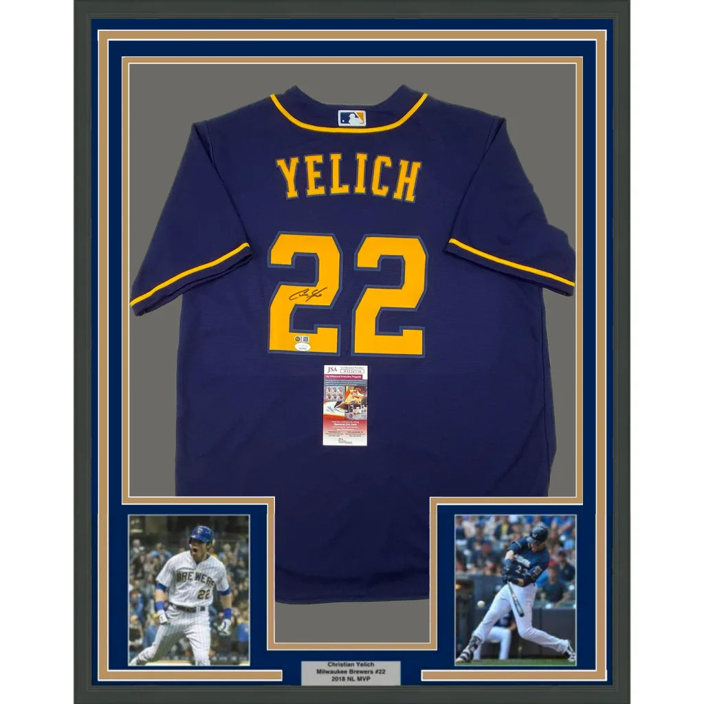 Professionally framed Christian Yelich Milwaukee Brewers blue jersey with autographs and player photos